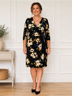 NWT Lauren Ralph Lauren Floral Faux Wrap Dress Size 18 Black Multi Wedding Guest